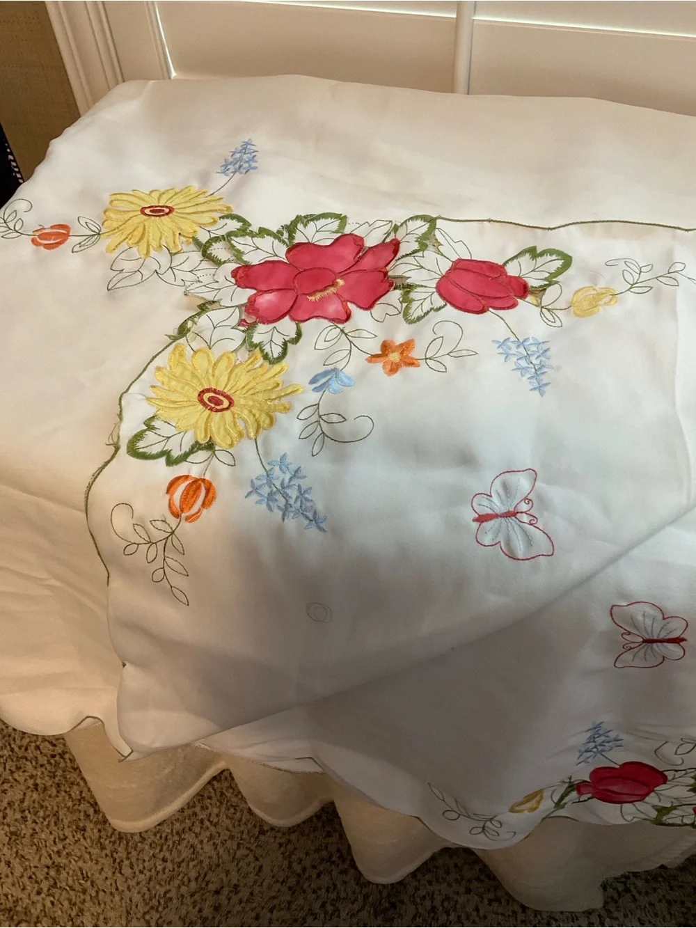 Embroidered Floral White Tablecloth with Multicolor Accents